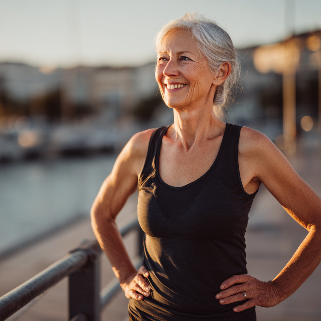 Confident elderly European man in fitness attire demonstrating strength training with a satisfied smile in a modern gym setting