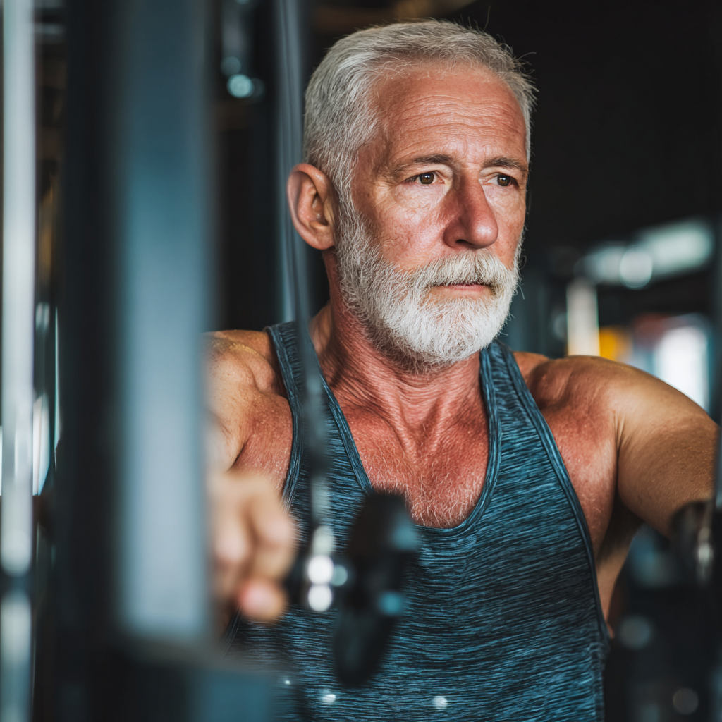 Happy elderly European woman in workout clothes holding a protein shake with a bright smile in a modern fitness facility