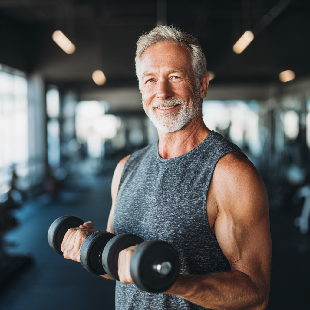 Professional elderly European fitness trainer with gray hair and confident expression wearing athletic clothing in a well-equipped gym